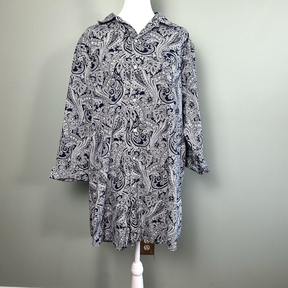 Lauren Ralph Lauren Cotton Sleep Shirt Button Up Paisley Womens XL Blue Preppy